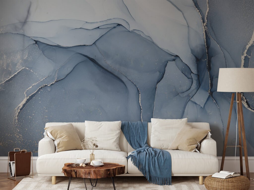 Cool Blue Colored Marble Ink Art Wallpaper, Serene Blue Peel & Stick Wall Mural