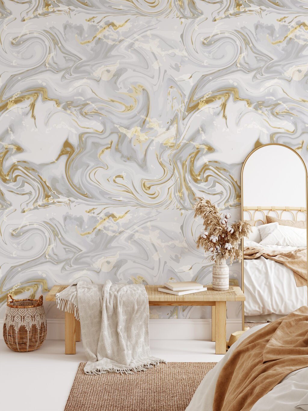 Swirly Abstract Marble Illustration Wallpaper, Classic White and Gold Peel & Stick Wall Mural