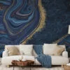 Dark Blue And Gold Abstract Ink Art Illustration Wallpaper, Midnight Blue Agate Peel & Stick Wall Mural