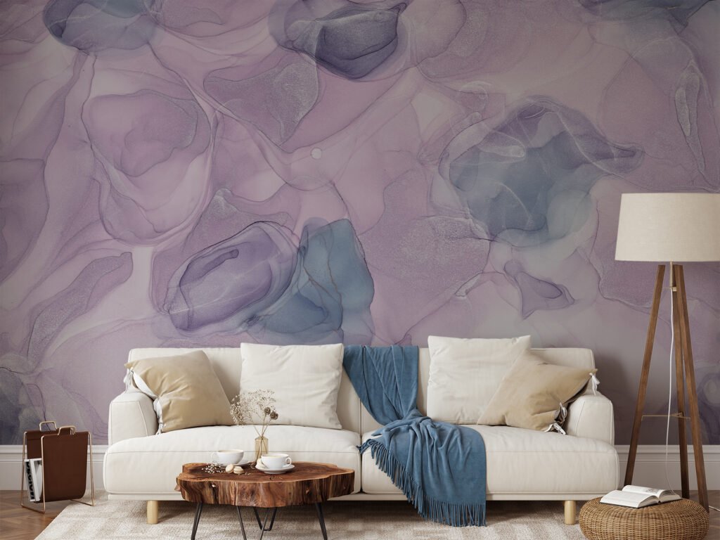 Lavender Alcohol Ink Art Marble Wallpaper, Pastel Lavender Marble Peel & Stick Wall Mural