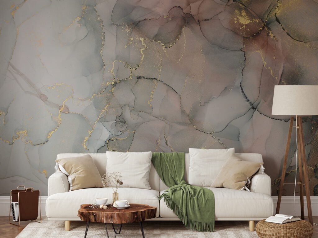 Muted Sage Green And Peach Gold Alcohol Ink Art Marble Wallpaper, Luxe Gold Marble Peel & Stick Wall Mural