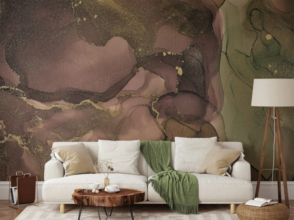 Brown And Green Gold Alcohol Ink Art Marble Wallpaper, Earthy Elegance Marble Peel & Stick Wall Mural