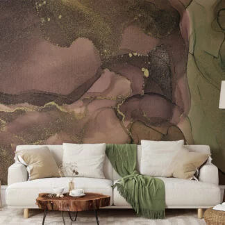 Brown And Green Gold Alcohol Ink Art Marble Wallpaper, Earthy Elegance Marble Peel & Stick Wall Mural