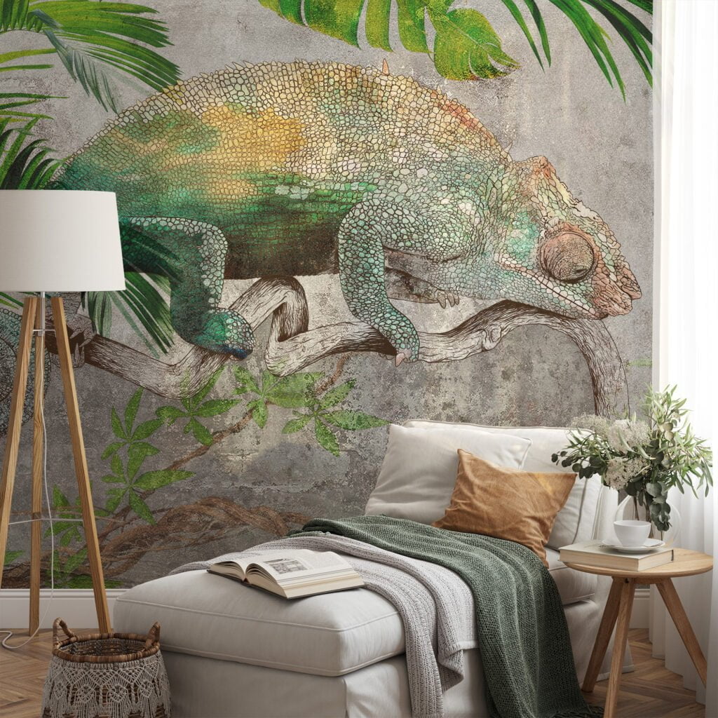 Chameleon On A Stone Foliage Illustration Wallpaper, Nature-Inspired Decor Peel & Stick Wall Mural