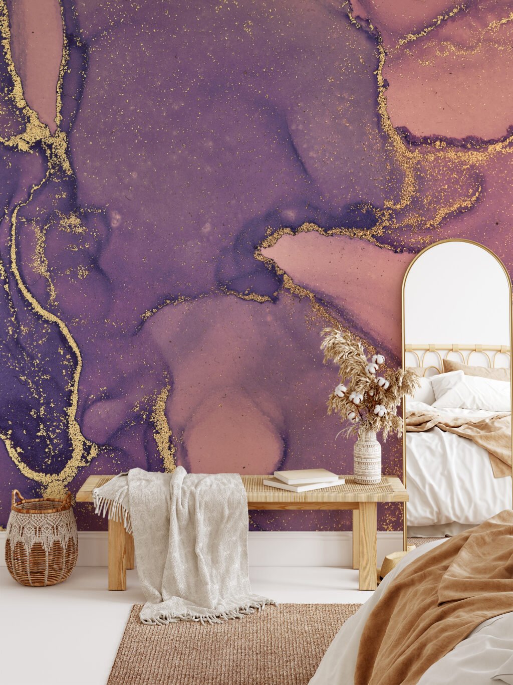 Dark Purple And Peach Gold Alcohol Ink Art Marble Wallpaper, Luxurious Purple and Gold Abstract Peel & Stick Wall Mural