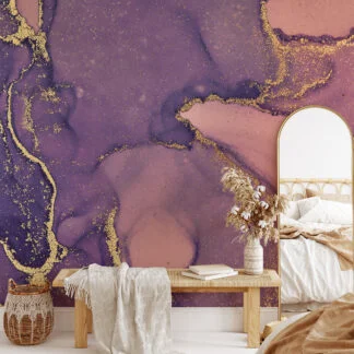 Dark Purple And Peach Gold Alcohol Ink Art Marble Wallpaper, Luxurious Purple and Gold Abstract Peel & Stick Wall Mural