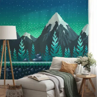 Pixel Art Snowy Mountains And Trees Wallpaper, Pixelated Mountain Peaks Peel & Stick Wall Mural