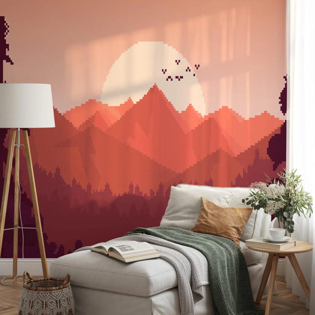 Pixel Art Sunset And Mountains Wallpaper With Birds, Pixel Sunset Mountain Peel & Stick Wall Mural