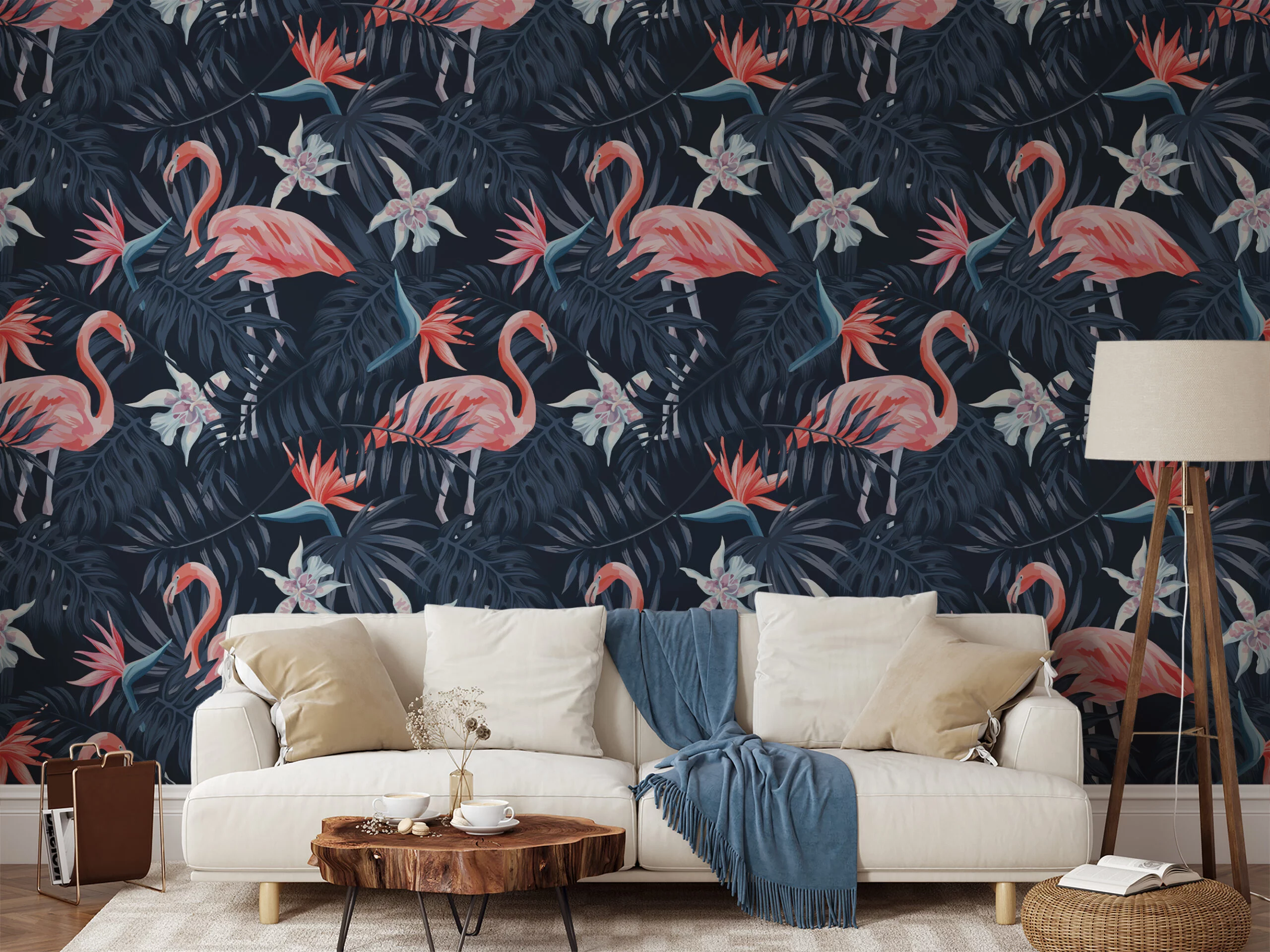 Dark Blue Tropical Leaves With Flamingos Illustration Wallpaper, Majestic Flamingos Peel & Stick Wall Mural