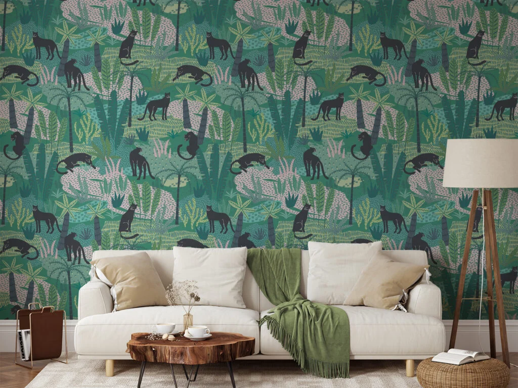 Flat Art Tropical Jungle With Panthers Illustration Wallpaper, Jungle Safari Animal Peel & Stick Wall Mural