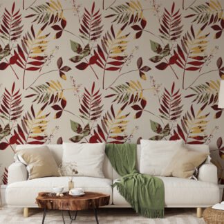 Vintage Branches Illustration Wallpaper, Autumn Harmony Leaves Peel & Stick Wall Mural