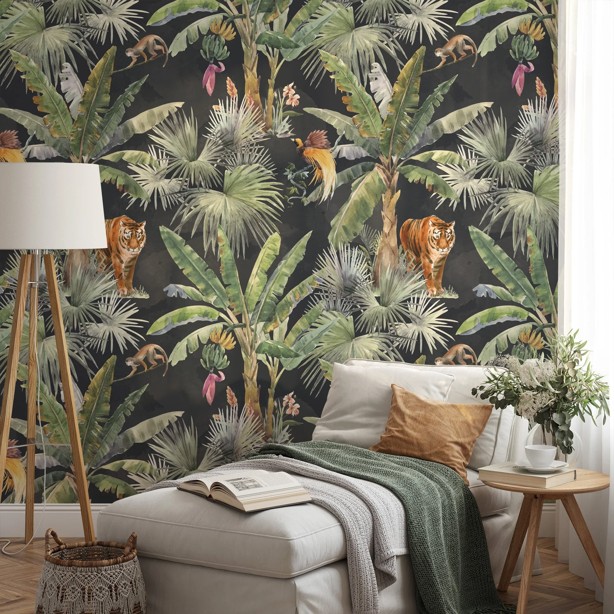 Watercolor Style Tropical Wallpaper With Exotic Animals And A Dark Background, Lush Dark Jungle Peel & Stick Wall Mural