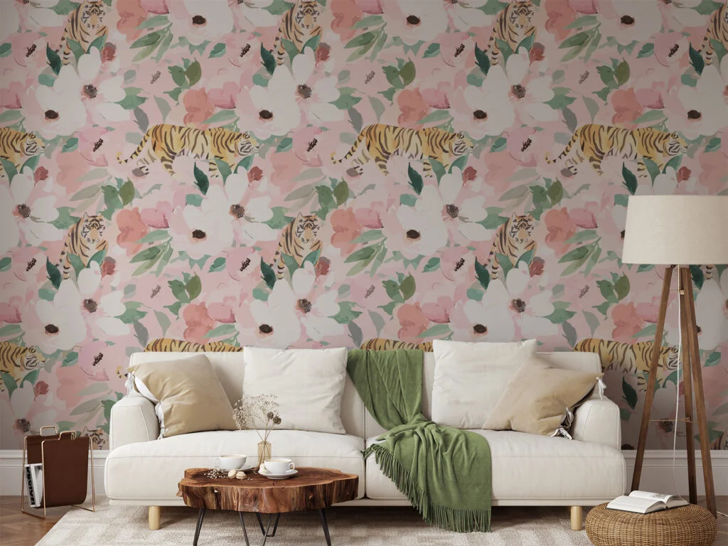 Watercolor Style Flowers With Tigers Wallpaper, Whimsical Pastel Pink Jungle Peel & Stick Wall Mural