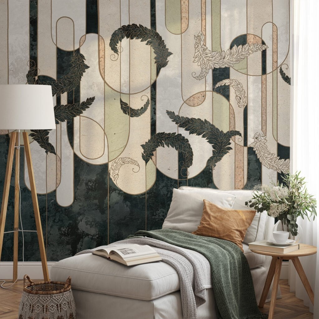 Art Deco Illustration With Dark Stone Textured Background Wallpaper, Sophisticated Black & Gold Line Art Peel & Stick Wall Mural