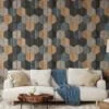 Geometric Hexagon Shaped Wooden Wall Wallpaper, Vintage Woodblock Peel & Stick Wall Mural