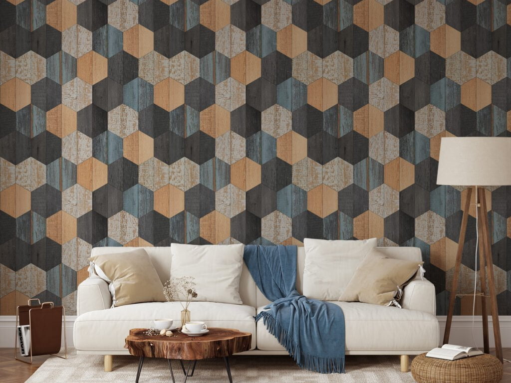 Geometric Hexagon Shaped Wooden Wall Wallpaper, Vintage Woodblock Peel & Stick Wall Mural