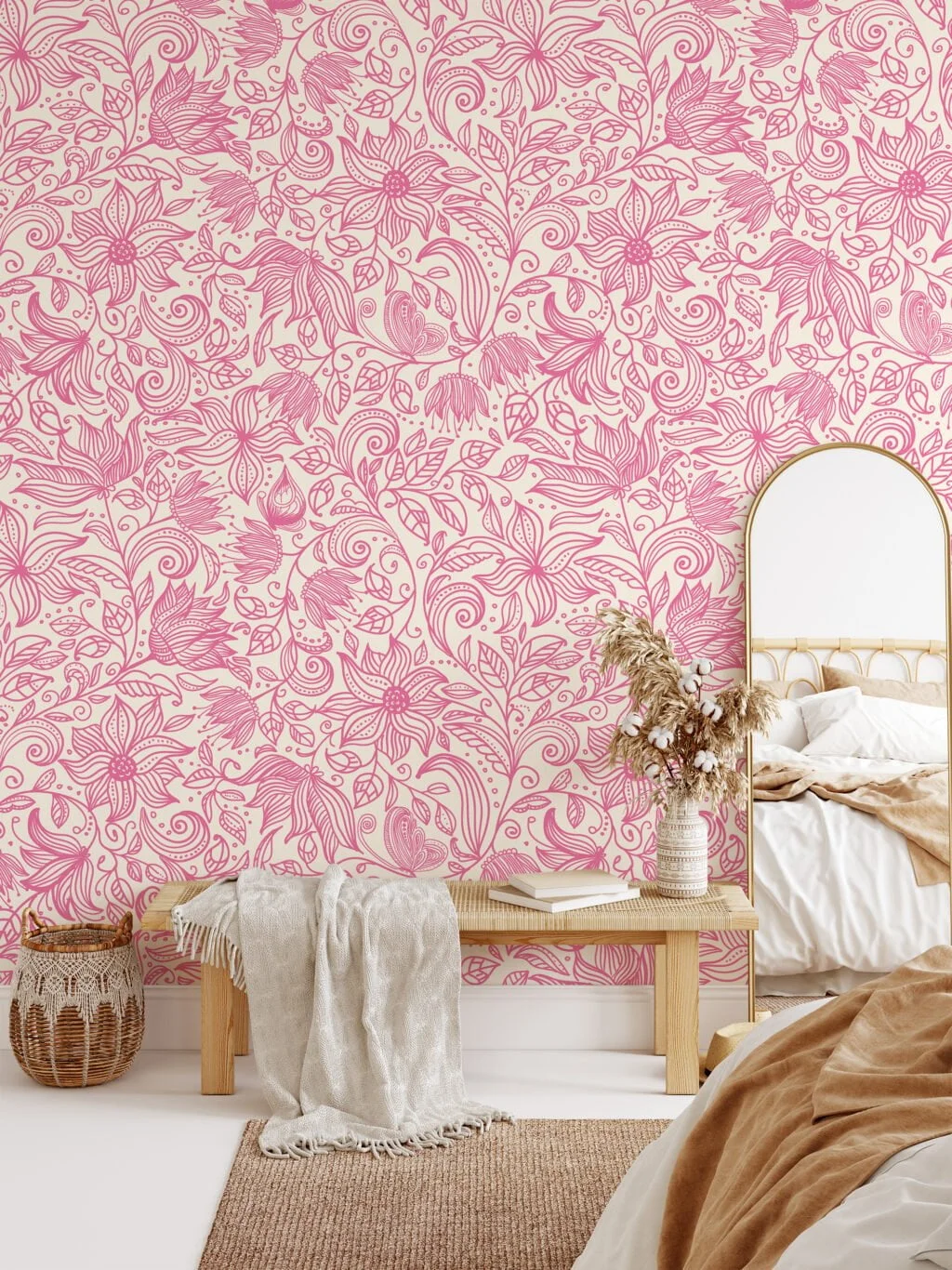 Pink Floral Line Art Paisley Pattern Wallpaper, Elegant Swirls and Blossoms Peel & Stick Wall Mural