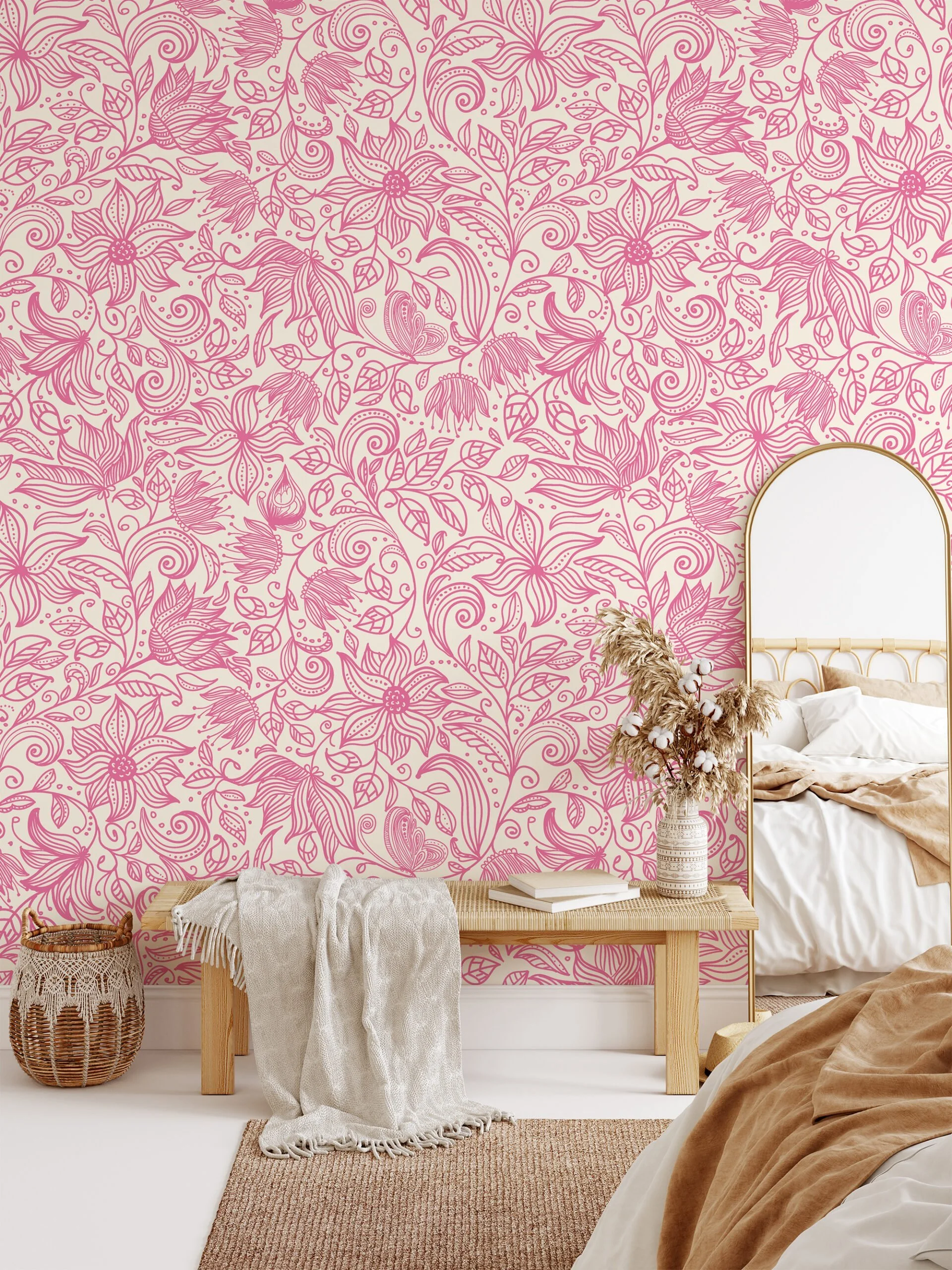 Pink Floral Line Art Paisley Pattern Wallpaper, Elegant Swirls and Blossoms Peel & Stick Wall Mural