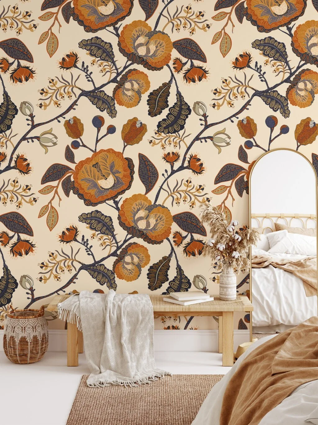 Oriental Paisley Illustration Wallpaper, Opulent Art Deco Floral Peel & Stick Wall Mural