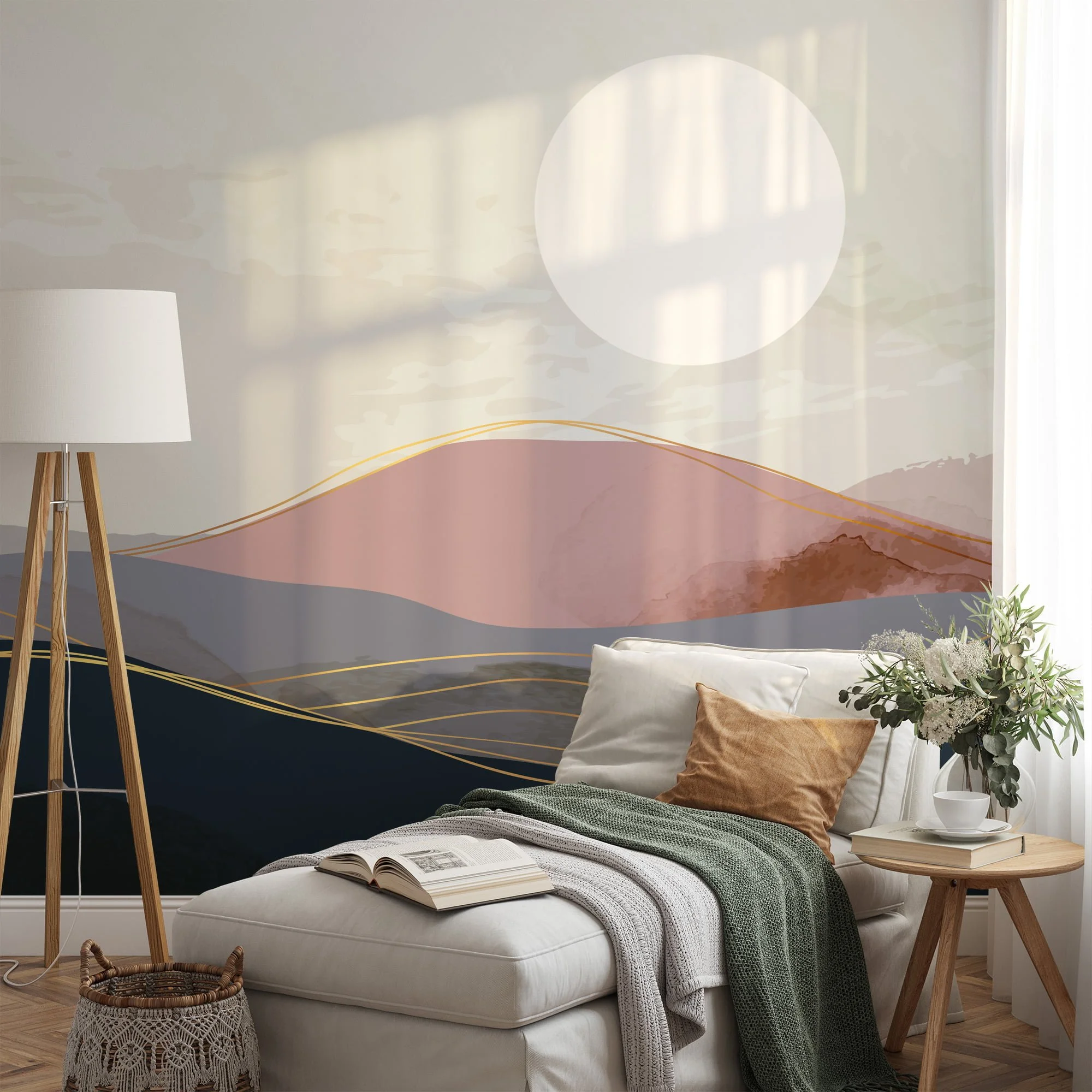 Abstract Minimalistic Desert Illustration Wallpaper, Sunrise Mountains Peel & Stick Wall Mural