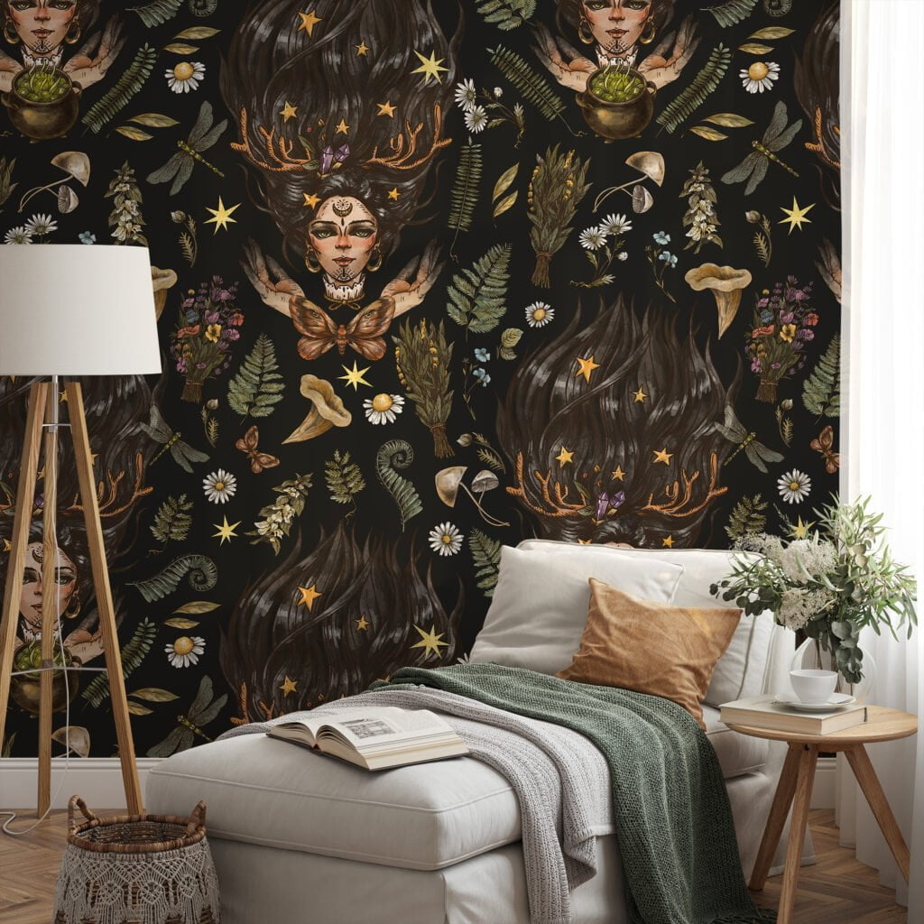 Mystical Wiccan Face Illustration On A Dark Background Wallpaper, Mystic Witch & Botanical Night Sky Peel & Stick Wall Mural