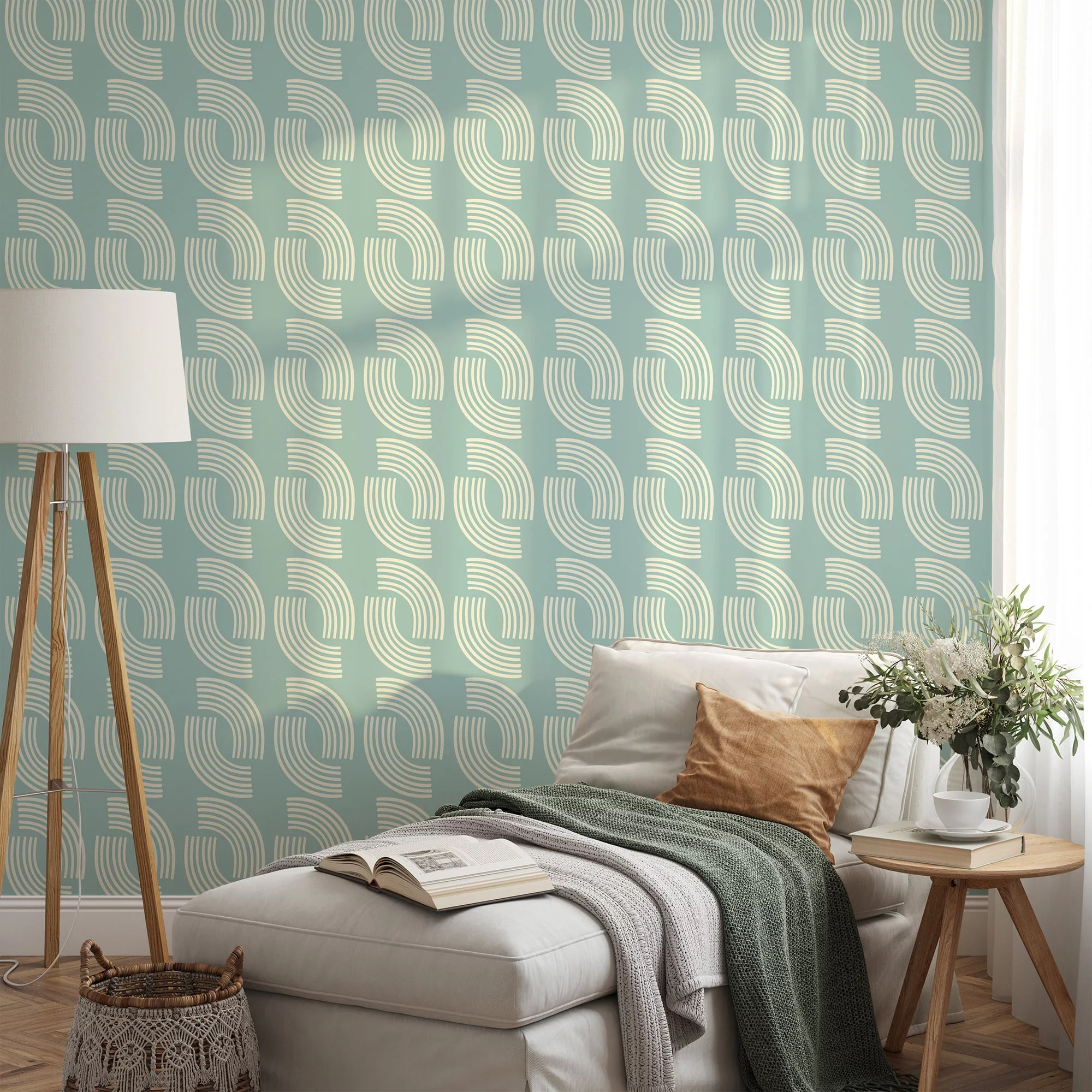 Pastel Mint Colored Minimalist Illustration, Chic Contemporary Line Art Peel & Stick Wall Mural