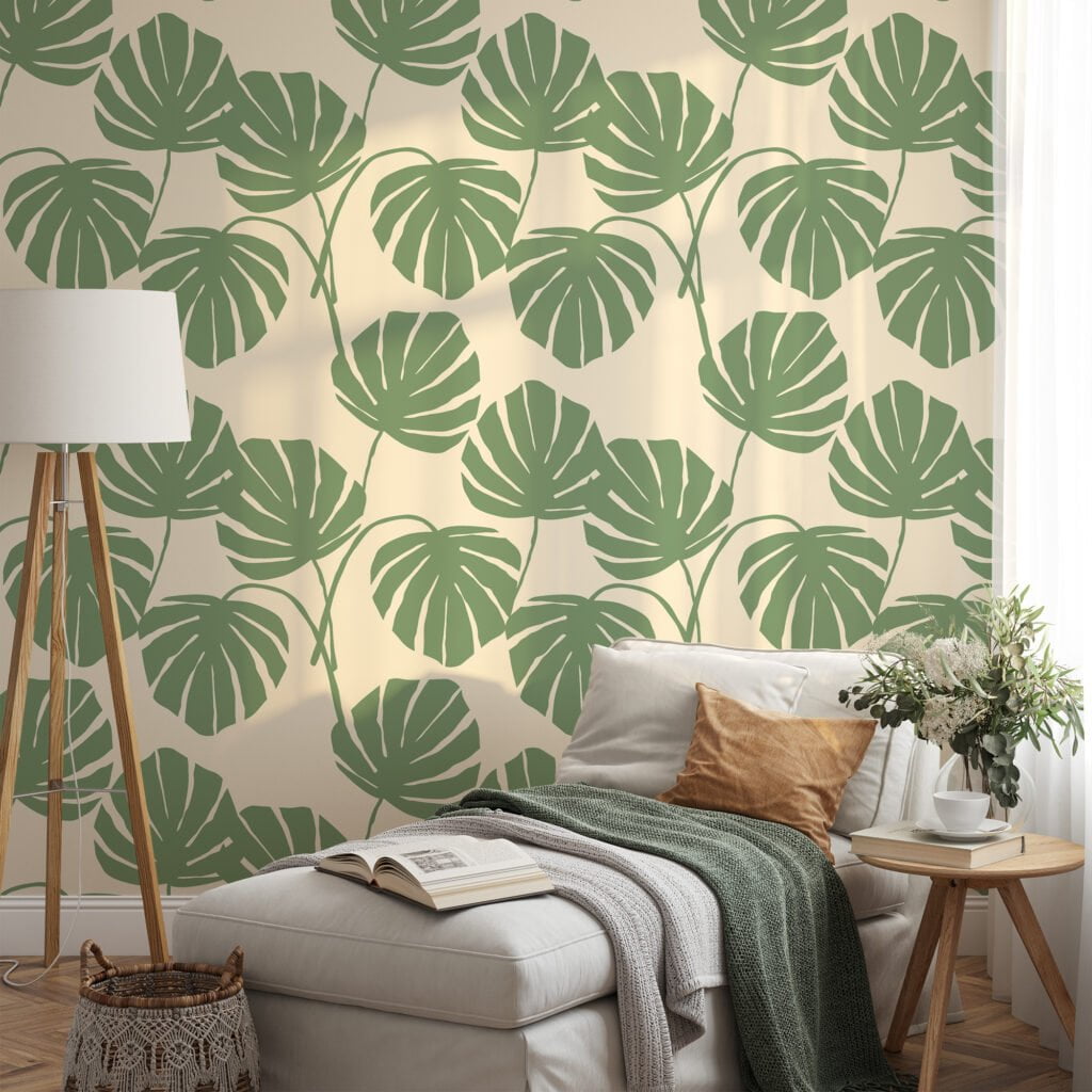 Abstract Green Monstera Leaves Illustration Wallpaper, Timeless Green Leaf Peel & Stick Wall Mural