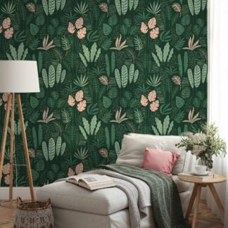 Flat Art Green Leaves And Branches Illustration Wallpaper, Chic Tropical Leaf Design Peel & Stick Wall Mural