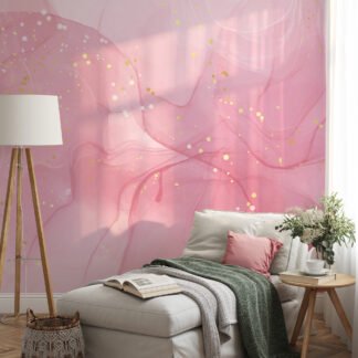 Pink Marble Illustration Wallpaper, Elegant Pink And Gold Specks Peel & Stick Wall Mural