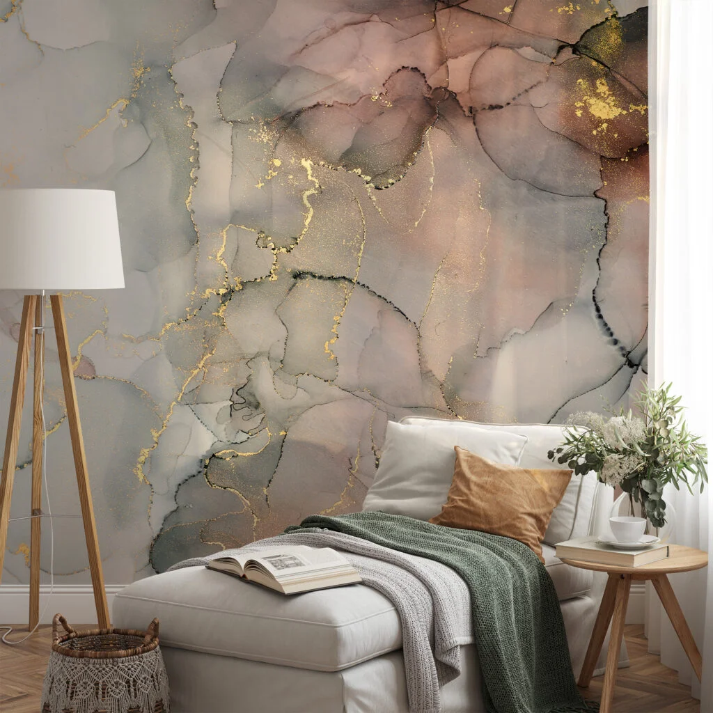 Muted Sage Green And Peach Gold Alcohol Ink Art Marble Wallpaper, Luxe Gold Marble Peel & Stick Wall Mural