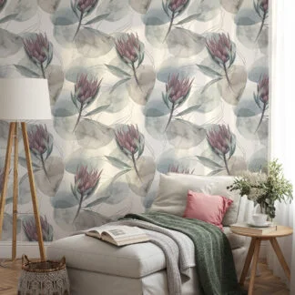 Vintage Floral Watercolor Style Illustration Wallpaper, Serene Protea Blossoms Peel & Stick Wall Mural