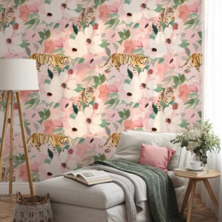Watercolor Style Flowers With Tigers Wallpaper, Whimsical Pastel Pink Jungle Peel & Stick Wall Mural
