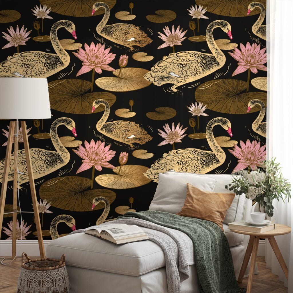 Large Gold Colored Lily Pads And Swans With A Dark Background Wallpaper, Vintage Black & Gold Elegance Peel & Stick Wall Mural