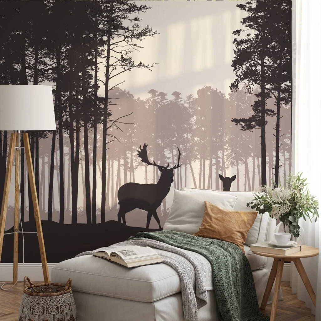 Abstract Nature Wallpaper With Trees and Deers Silhouette, Tranquil Nature Scene Peel & Stick Wall Mural