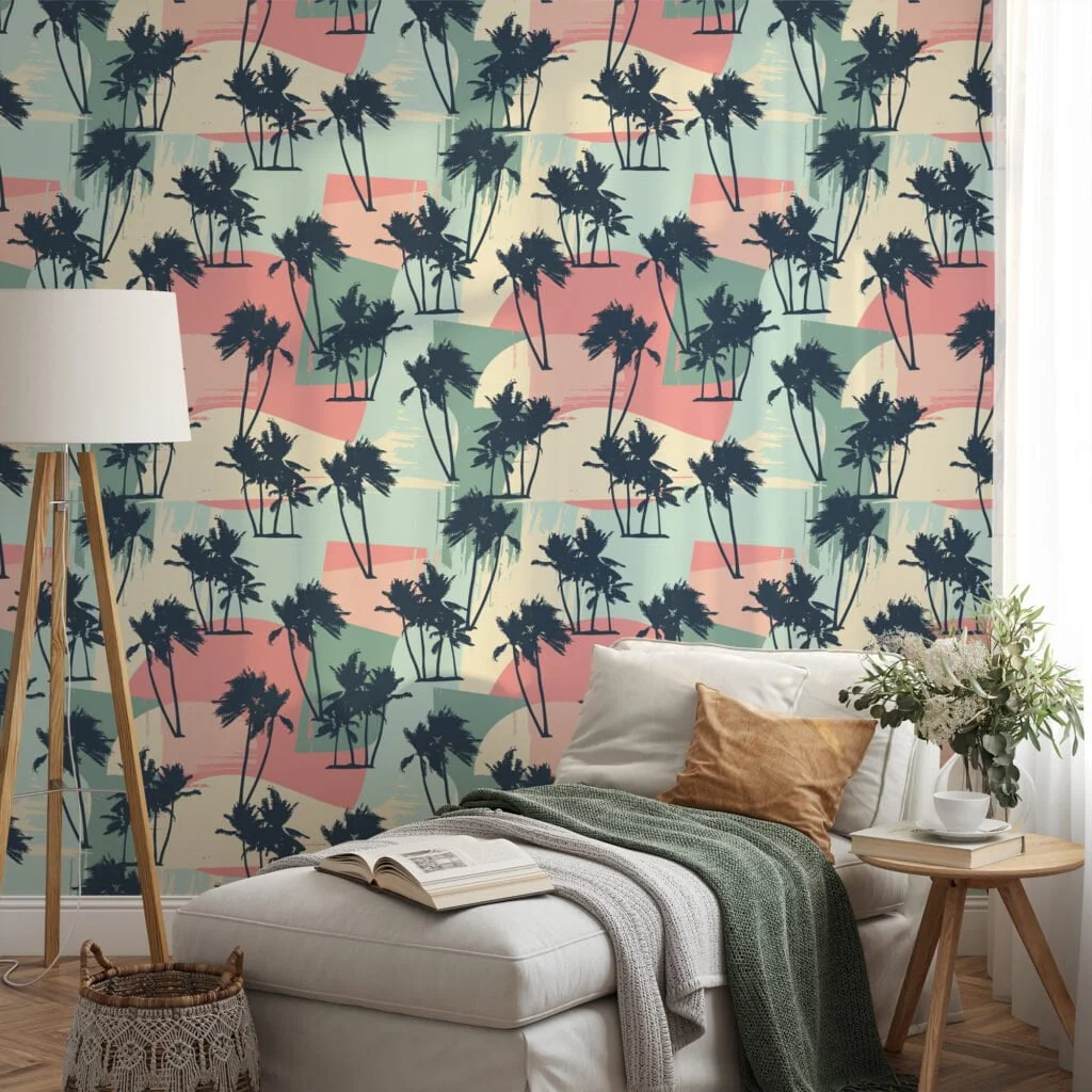 Abstract Retro Colored Tropical Illustration Wallpaper, Tropical Palm Silhouette Peel & Stick Wall Mural