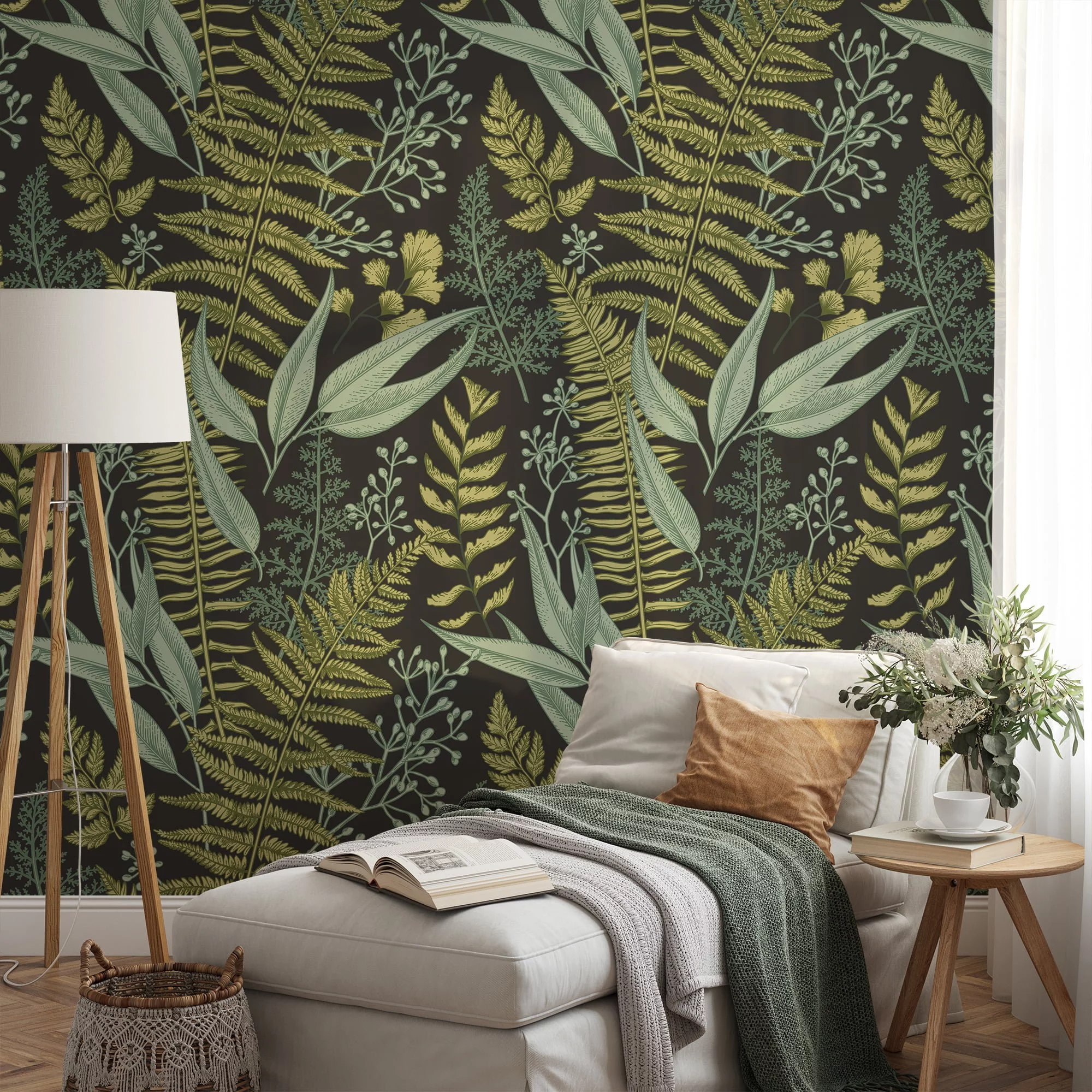Vintage Style Plants And Leaves With A Dark Background Wallpaper, Nature Inspired Design Peel & Stick Wall Mural