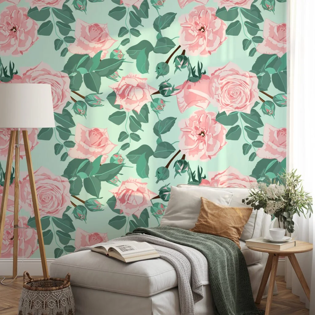 Flat Art Pastel Pink Green Roses Illustration Wallpaper, Soft Pink Blooms Peel & Stick Wall Mural