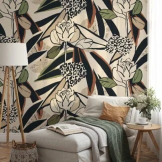 Abstract Flower Design Illustration Wallpaper, Bold Floral Stripes Peel & Stick Wall Mural