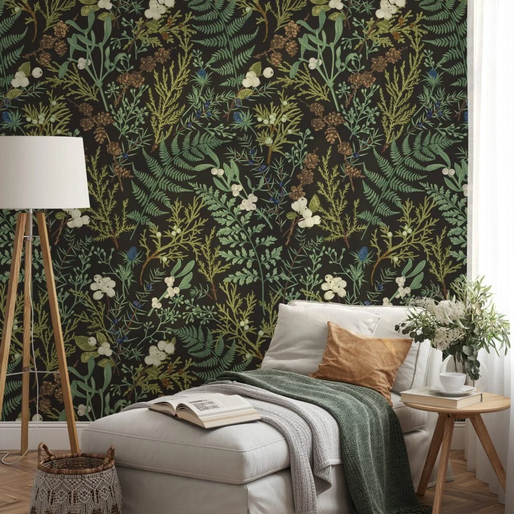 Vintage Style Plants And Leaves With Berries Wallpaper, Dark Botanical Peel & Stick Wall Mural