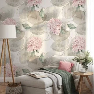 Watercolor Style Pink Flowers Illustration Wallpaper, Elegant Hydrangea Peel & Stick Wall Mural
