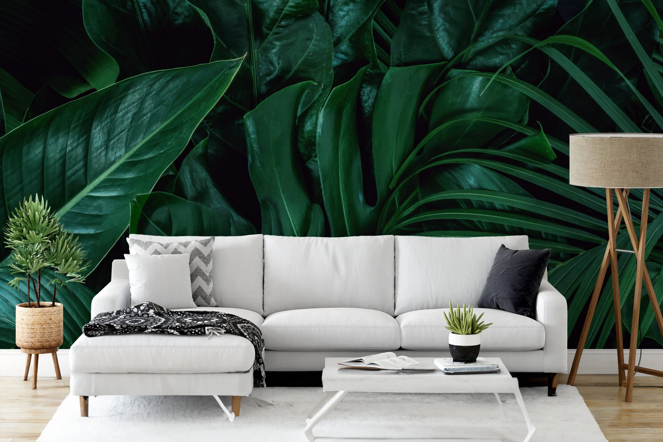 Large Dark Green Tropical Leaves Wallpaper, Lush Botanical Peel & Stick Wall Mural
