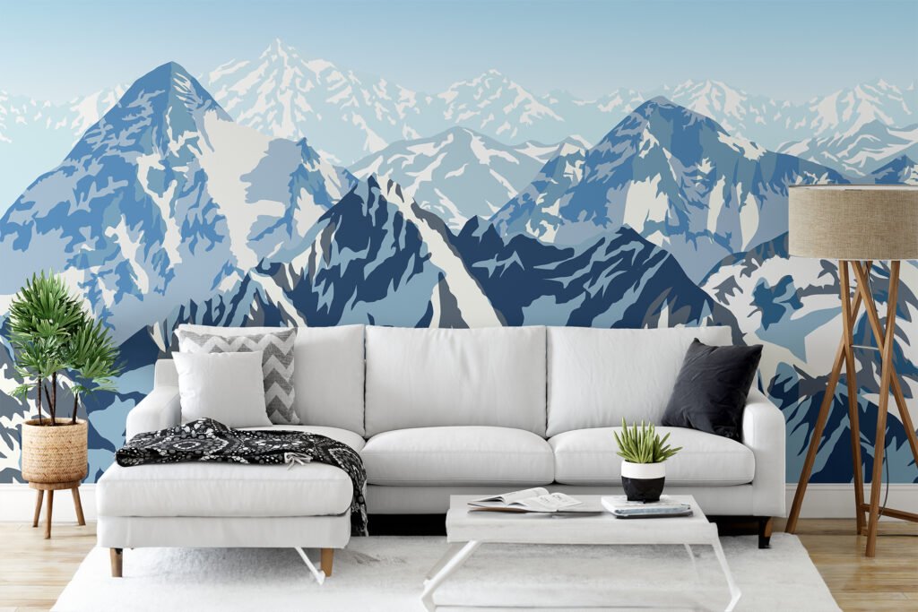 Abstract Flat Art Snowy Mountains Illustration Wallpaper, Blue Mountains Landscape Peel & Stick Wall Mural