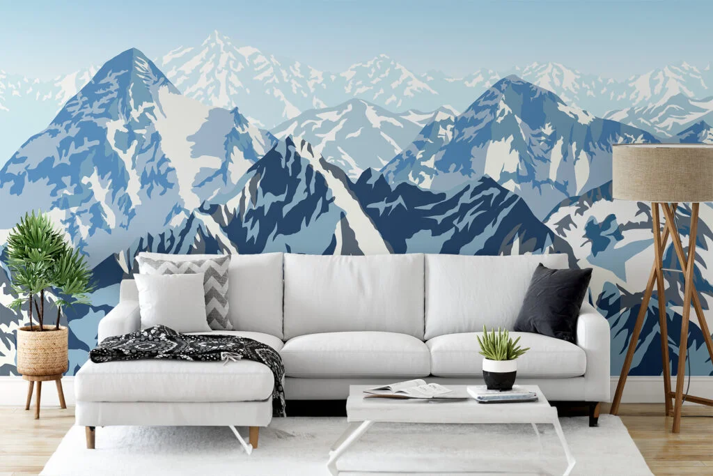 Abstract Flat Art Snowy Mountains Illustration Wallpaper, Blue Mountains Landscape Peel & Stick Wall Mural