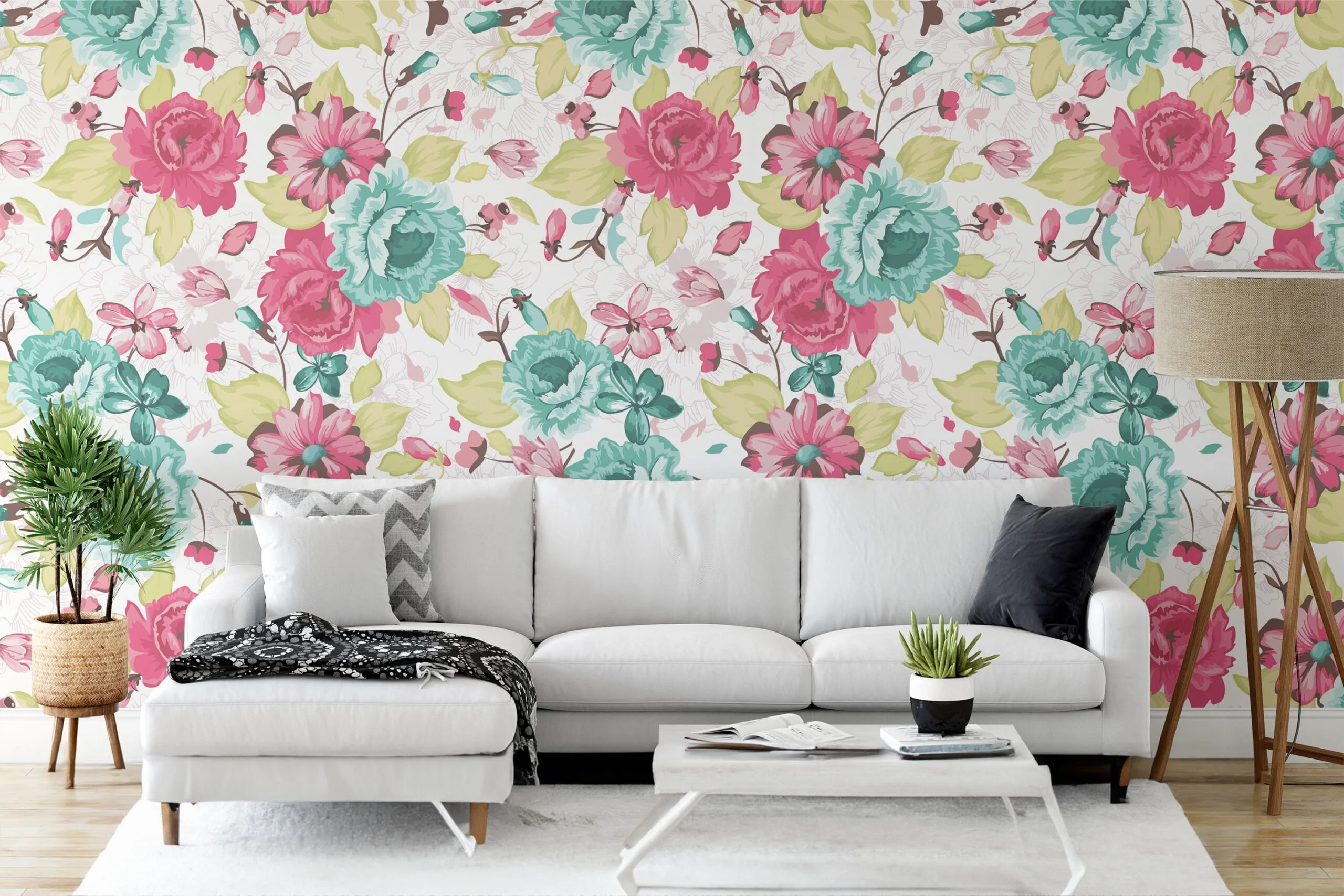 Abstract Turquoise And Pink Floral Wallpaper, Vintage Floral Charm Peel & Stick Wall Mural