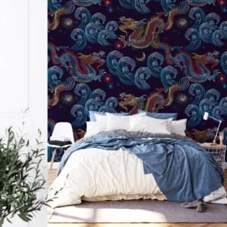 Traditional Dark Wallpaper with Dragons and Waves Wallpaper, Navy Chinoiserie Wall Mural with Mythical Beasts