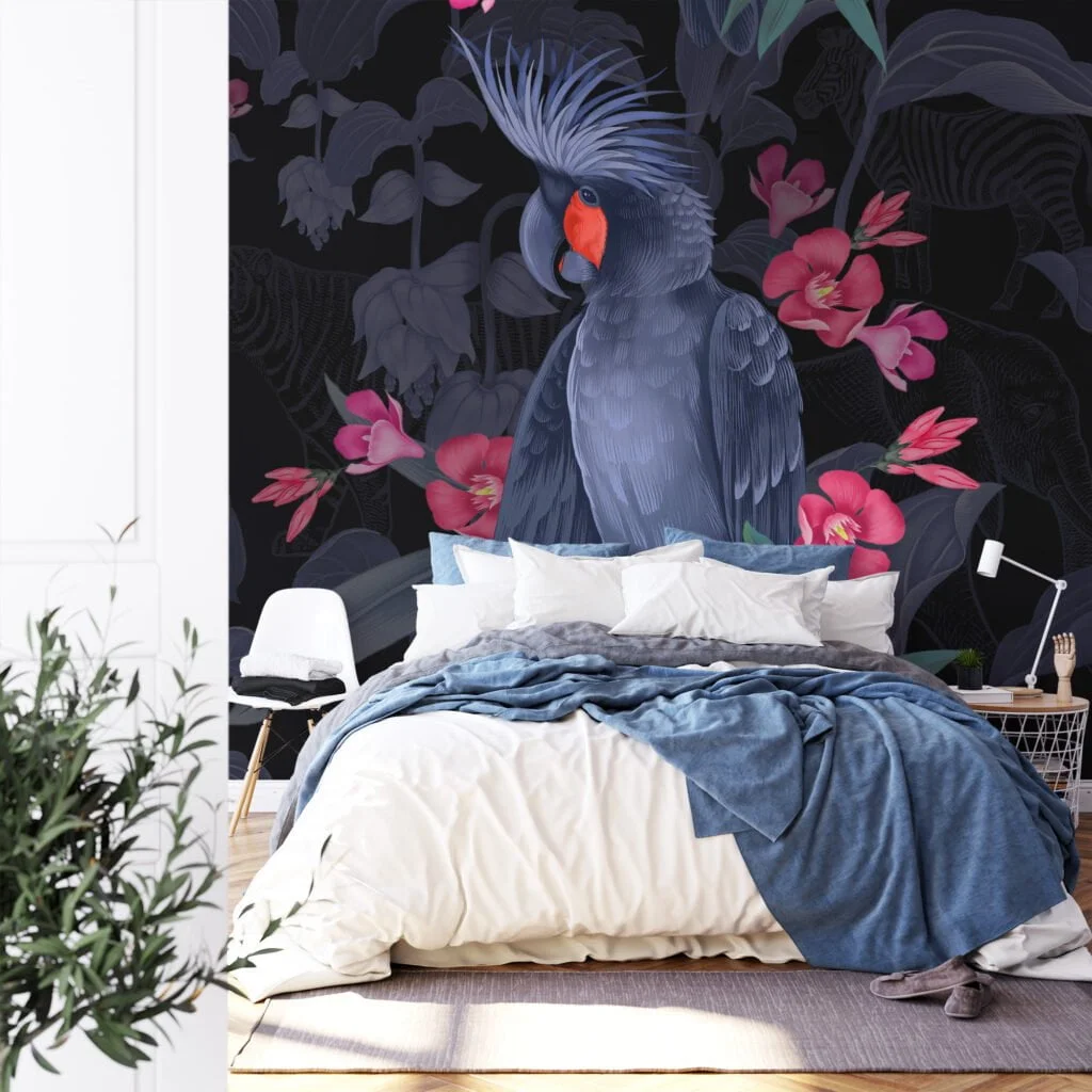 Dark Midnight Blue Large Parrot With Pink Flowers Wallpaper, Elegant Tropical Peel & Stick Wall Mural