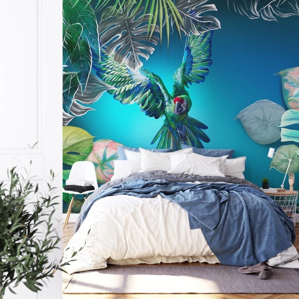 Large Parrot and Monstera Leaves With Blue Background Wallpaper, Vibrant & Tropical Peel & Stick Wall Mural