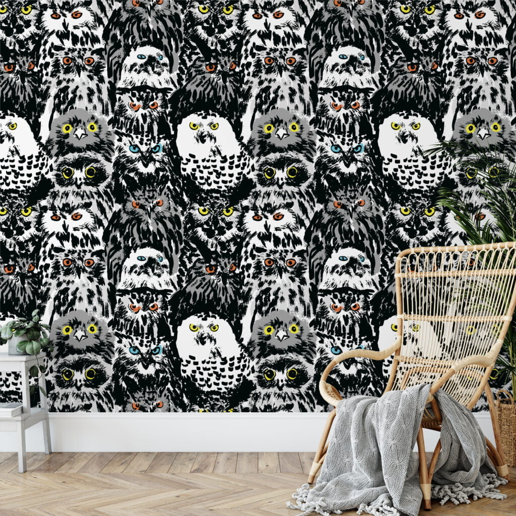 Abstract Grudge Owl Birds Pattern Illustration Wallpaper, Monochrome Bird Art Peel & Stick Wall Mural