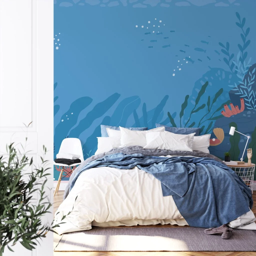 Cartoon Style Blue Underwater Ocean Illustration Wallpaper, Oceanic Nursery Art Peel & Stick Wall Mural