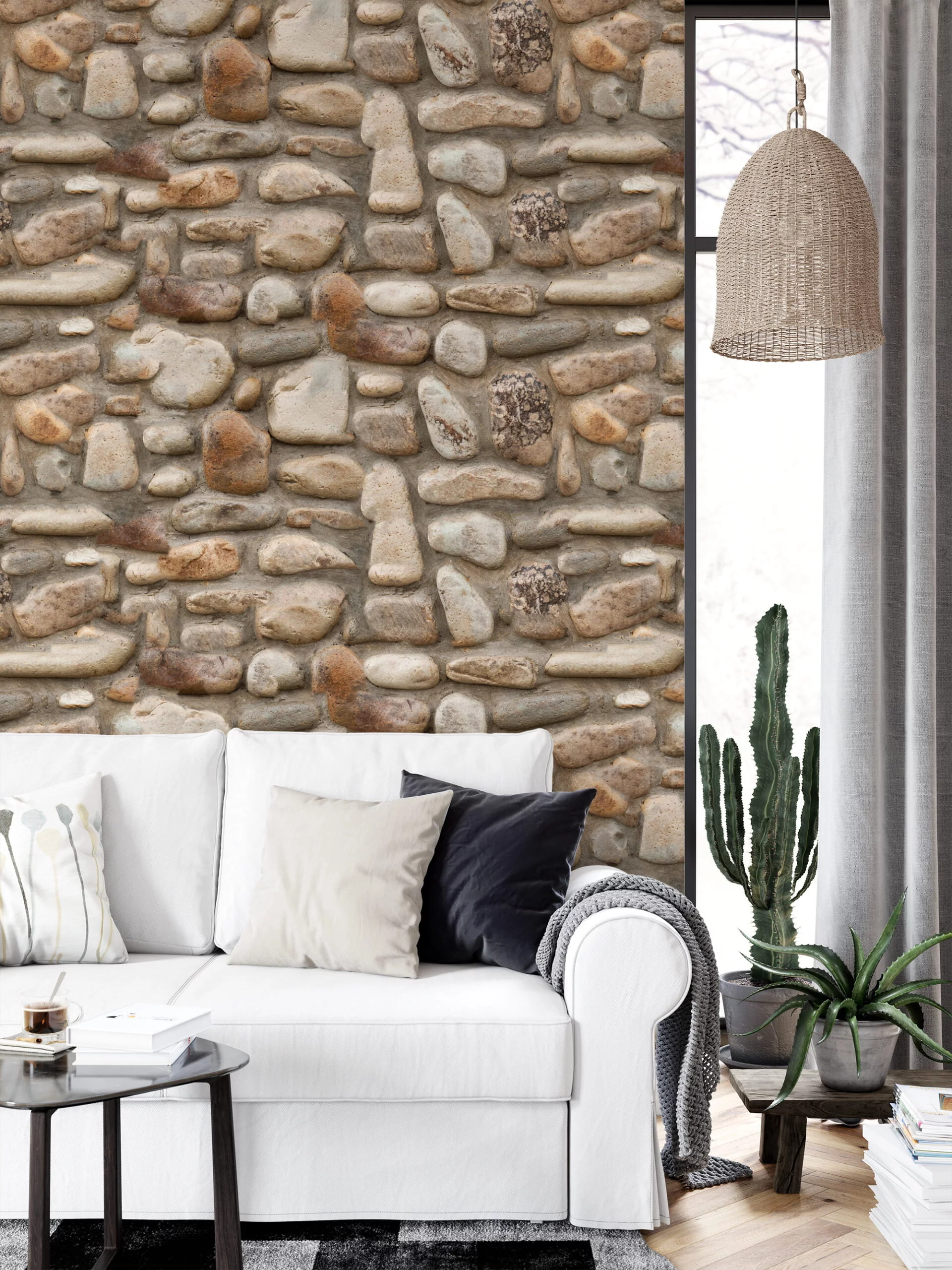 Earth Tones Large Stone Wall Wallpaper, Nature Inspired Faux Decor Peel & Stick Wall Mural
